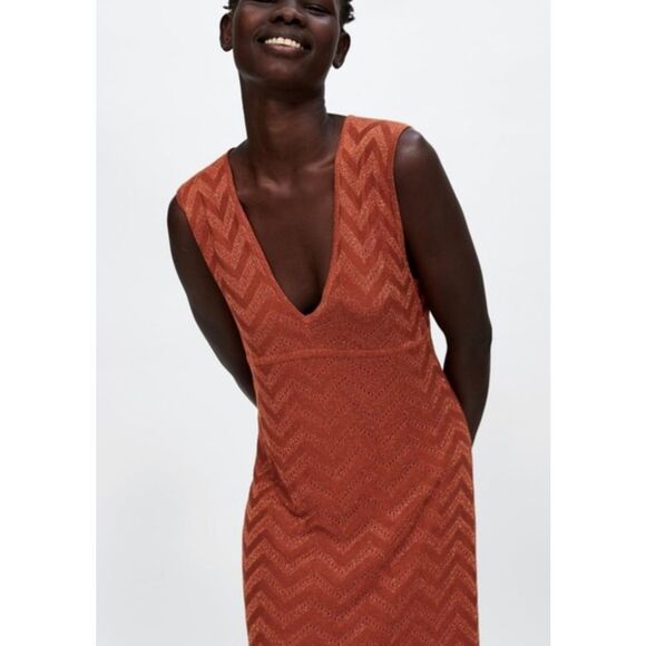 ZARA Rust Orange Metallic Maxi Dress - Picture 3 of 10